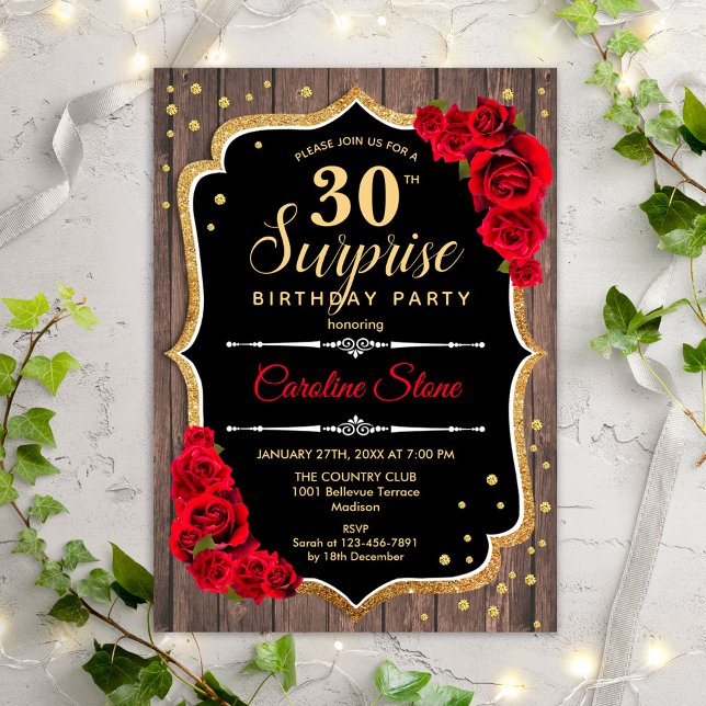 Surprise 30th Birthday - Rustic Wood Red Roses Invitation (Creator Uploaded)