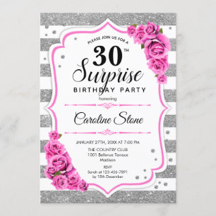 Surprise 30th Birthday - Silver White Pink Invitation