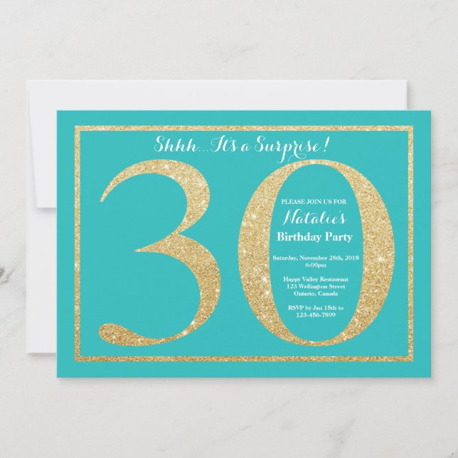 Surprise 30th Birthday Teal and Gold Glitter Invitation (Front)