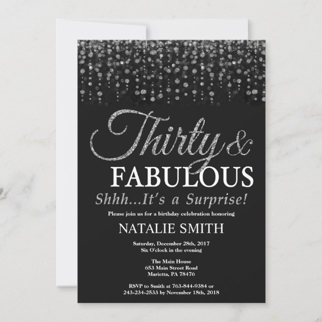 Surprise 30th Birthday Thirty and Fabulous Silver Invitation (Front)