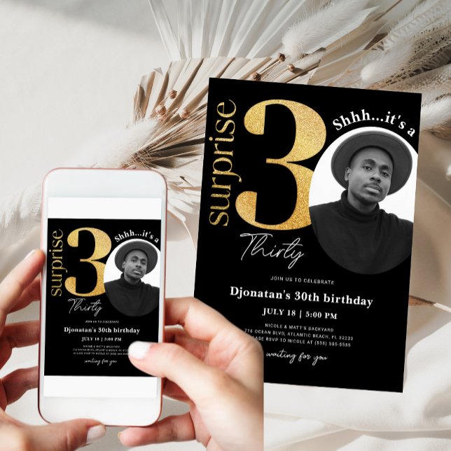 Surprise 30th Black Gold Birthday Invitation Photo (Creator Uploaded)