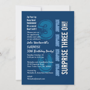 SURPRISE 30th Modern Birthday Blue White THREE OH! Invitation