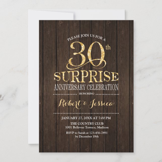 Surprise 30th Wedding Anniversary Wood Gold Invitation (Front)