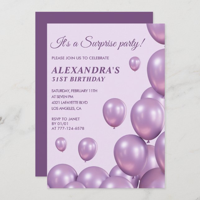 Surprise 31st birthday invitations Purple Balloons (Front/Back)