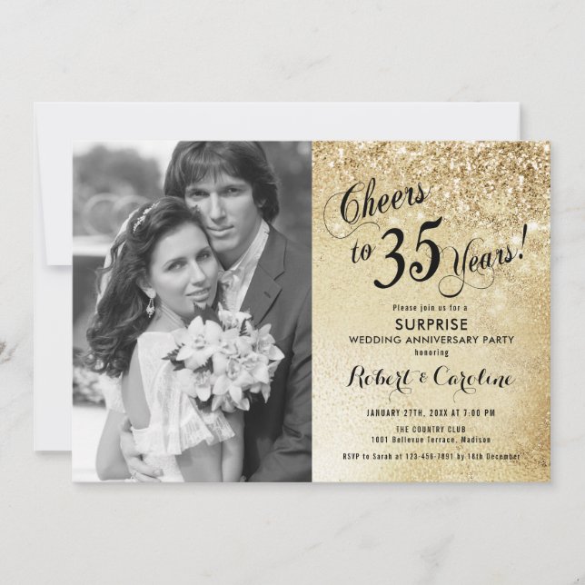 Surprise 35th Anniversary with Photo - Gold Invitation (Front)