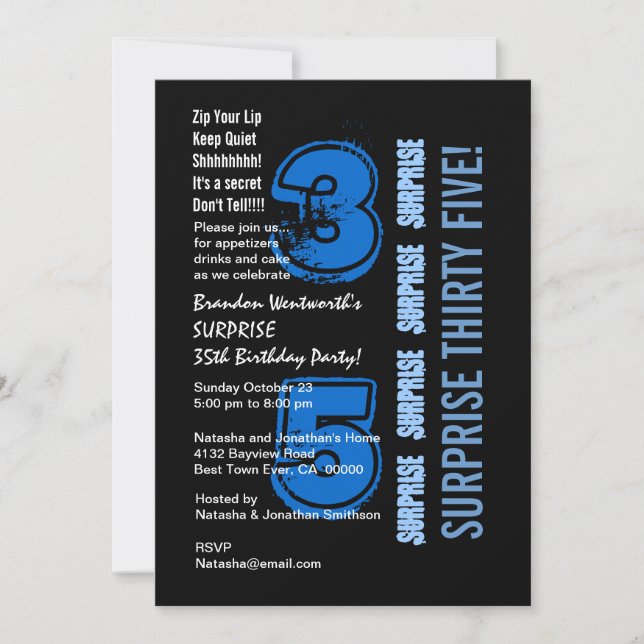 SURPRISE 35th Modern Birthday Blue and Black Invitation (Front)