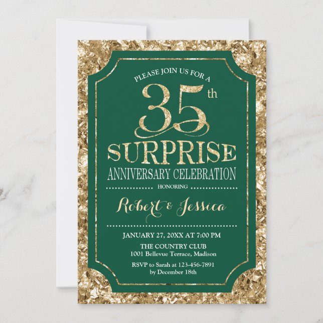 Surprise 35th Wedding Anniversary - Green Gold Invitation (Front)