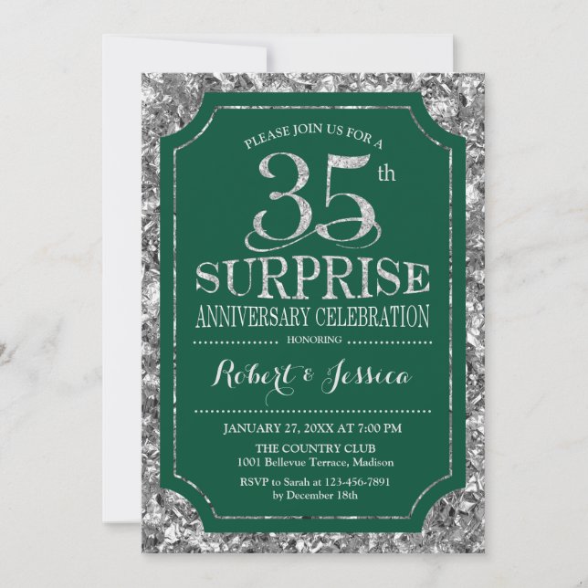 Surprise 35th Wedding Anniversary - Green Silver Invitation (Front)