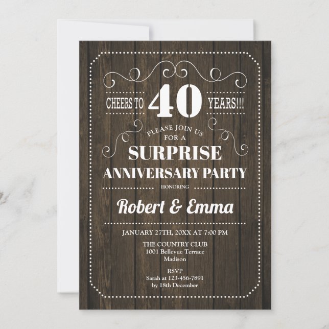 Surprise 40th Anniversary Party - Rustic Wood Invitation (Front)