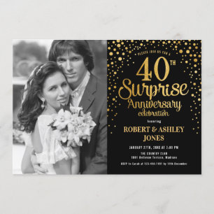 Surprise 40th Anniversary with Photo - Black Gold Invitation