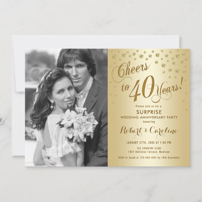 Surprise 40th Anniversary with Photo - Gold Invitation (Front)