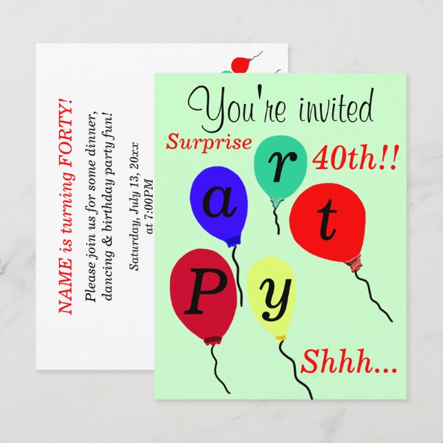 Surprise 40th Birthday Balloons Party Invitations (Front/Back)