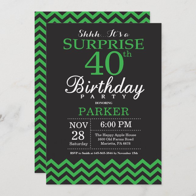 Surprise 40th Birthday Black and Green Chevron Invitation (Front/Back)