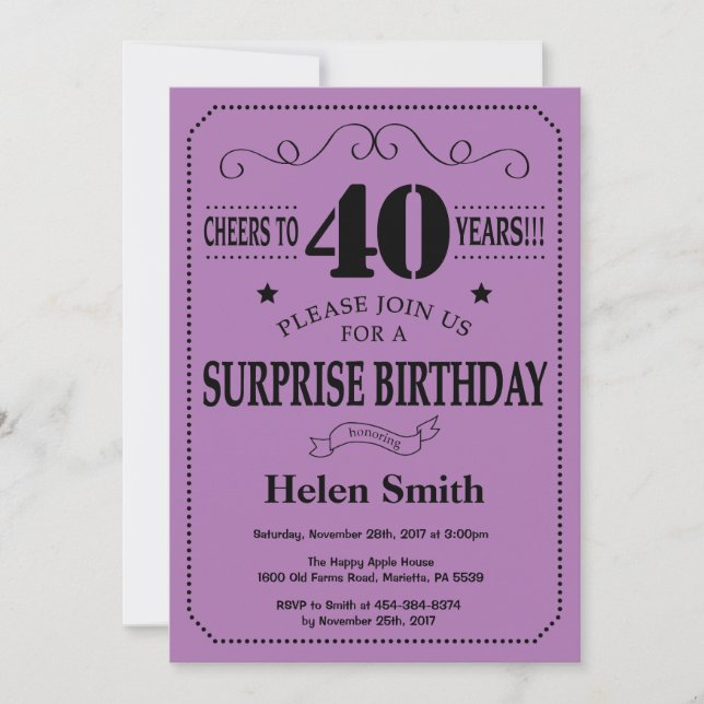Surprise 40th Birthday Black and Purple Invitation (Front)