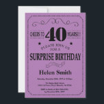 Surprise 40th Birthday Black and Purple Invitation<br><div class="desc">Surprise 40th Birthday Invitation Black and Purple Typography. Black and "Purple Lilac Lavender Violet Background. Adult Birthday. Male Men or Women Birthday. Kids Boy or Girl Lady Teen Teenage Bday Invite. 13th 15th 16th 18th 20th 21st 30th 40th 50th 60th 70th 80th 90th 100th. Any Age. For further customisation, please...</div>