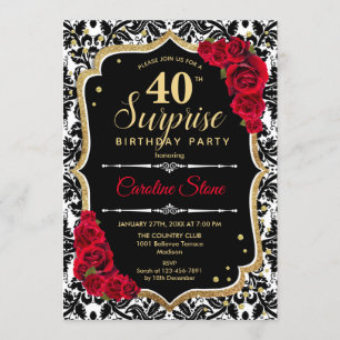 Surprise 40th Birthday - Black Gold Red Invitation