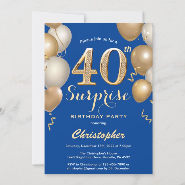 Surprise 40th Birthday Blue and Gold Balloons Invitation (Front)