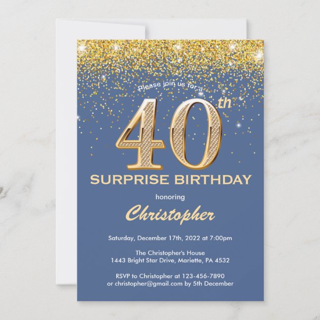 Surprise 40th Birthday Blue and Gold Glitter Invitation (Front)