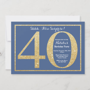 Surprise 40th Birthday Blue and Gold Glitter Invitation