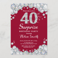 Surprise 40th Birthday Burgundy Red Silver Diamond