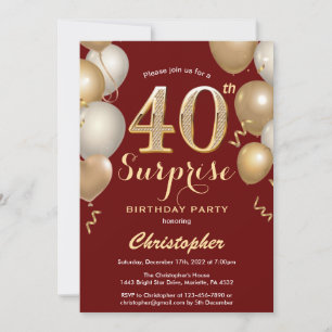 Surprise 40th Birthday Dark Red and Gold Balloons Invitation