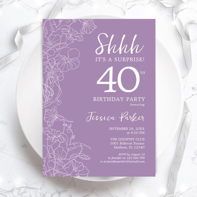 Surprise 40th Birthday - Floral Purple Invitation (Creator Uploaded)