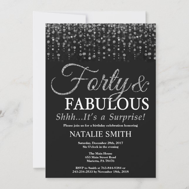 Surprise 40th Birthday Forty and Fabulous Silver Invitation (Front)