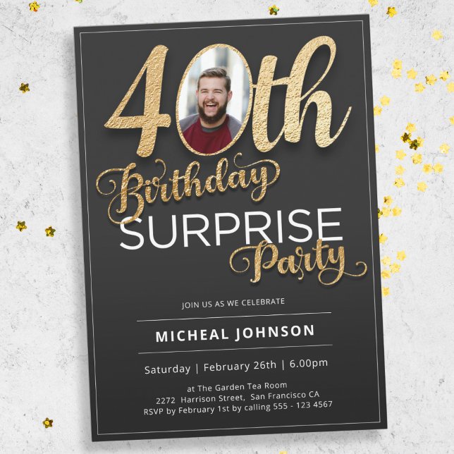 Surprise 40th Birthday Gold Black Custom Photo Invitation (Mockup View)
