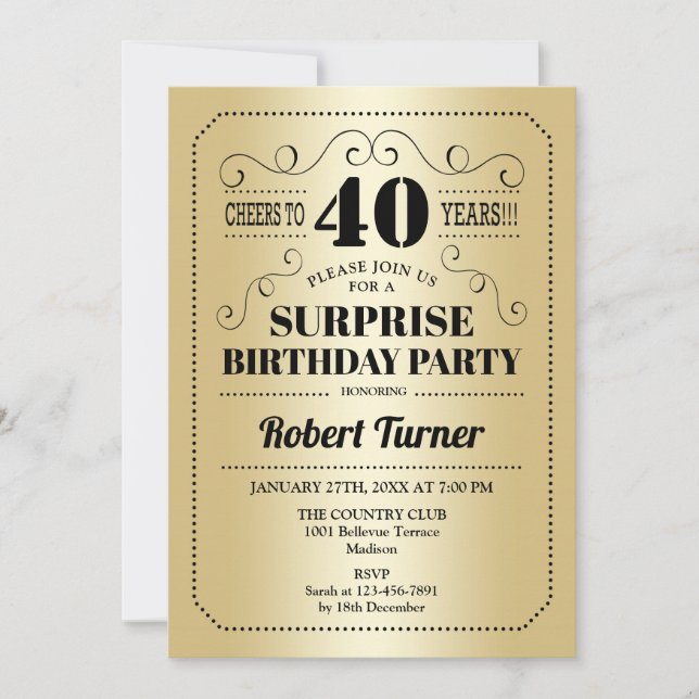 Surprise 40th Birthday - Gold Black Invitation (Front)