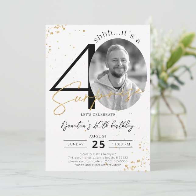 Surprise 40th Birthday Gold Photo Invitation (Standing Front)