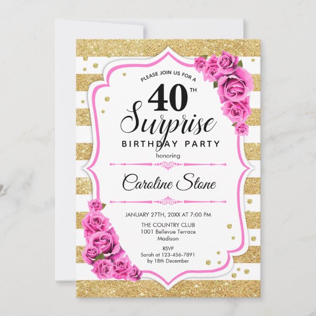 Surprise 40th Birthday - Gold White Pink Invitation (Front)