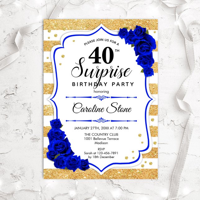 Surprise 40th Birthday - Gold White Royal Blue Invitation (Creator Uploaded)