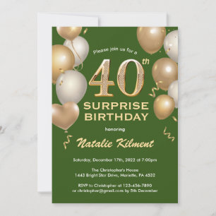 Surprise 40th Birthday Green and Gold Balloons Invitation