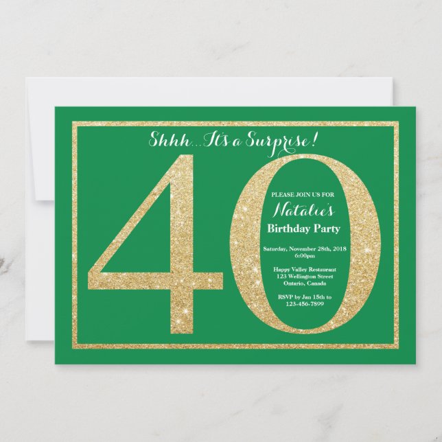 Surprise 40th Birthday Green and Gold Glitter Invitation (Front)