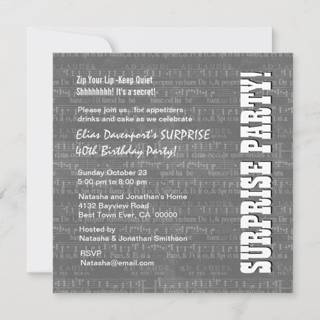 SURPRISE 40th Birthday Grey White Music Notes G401 Invitation (Front)