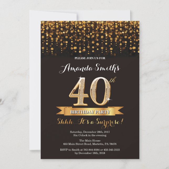 Surprise 40th Birthday Invitation Black and Gold (Front)