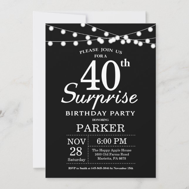 Surprise 40th Birthday Invitation Black and White (Front)