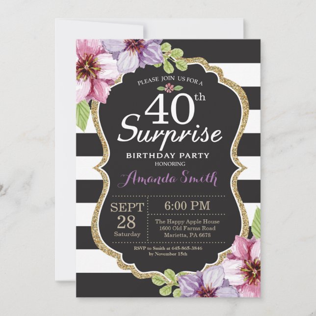 Surprise 40th Birthday Invitation Floral Gold (Front)