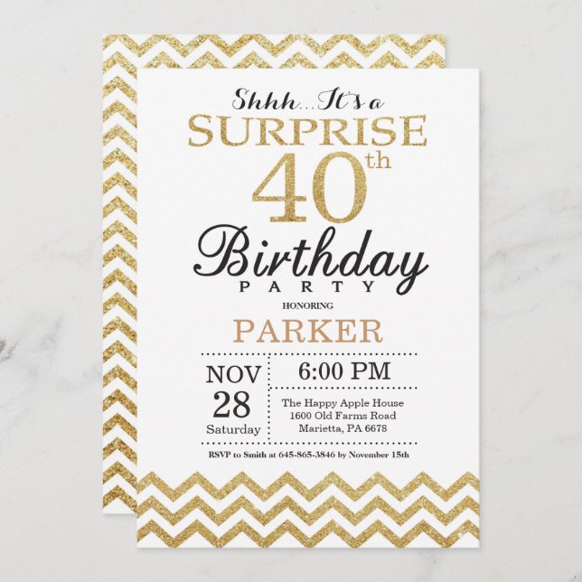 Surprise 40th Birthday Invitation Gold Glitter (Front/Back)
