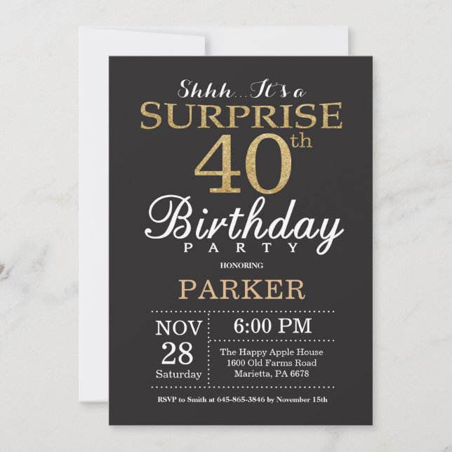 Surprise 40th Birthday Invitation Gold Glitter (Front)