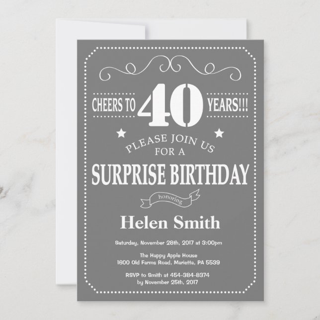 Surprise 40th Birthday Invitation Grey and White (Front)