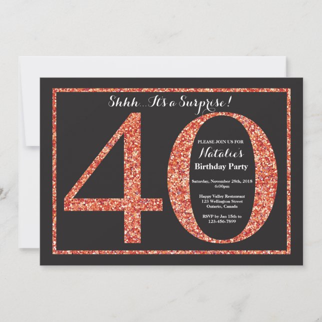 Surprise 40th Birthday Invitation Orange Glitter (Front)