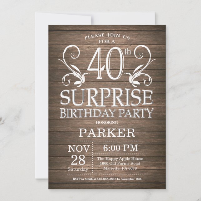 Surprise 40th Birthday Invitation Rustic Wood (Front)