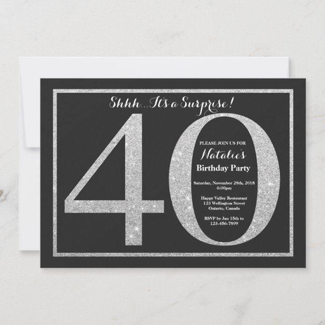 Surprise 40th Birthday Invitation Silver Glitter (Front)