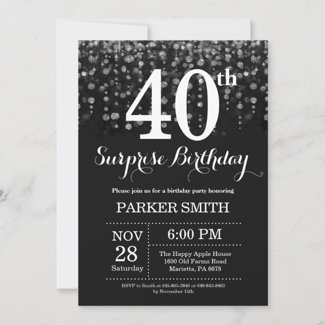 Surprise 40th Birthday Invitation Silver Glitter (Front)