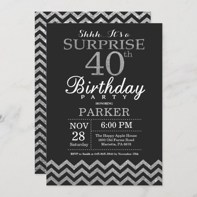 Surprise 40th Birthday Invitation Silver Glitter (Front/Back)