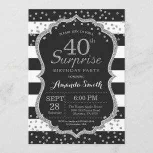 Surprise 40th Birthday Invitation. Silver Glitter Invitation