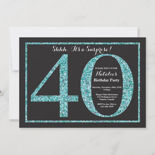 Surprise 40th Birthday Invitation Teal Glitter (Front)