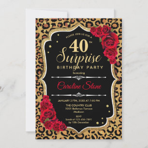 Surprise 40th Birthday - Leopard Black Gold Red Invitation