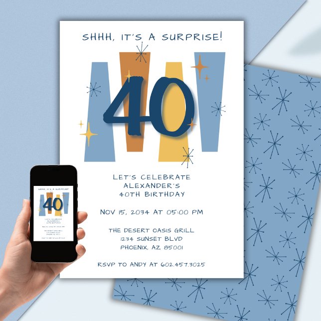 Surprise 40th Birthday Midcentury Modern Blue Invitation (Creator Uploaded)